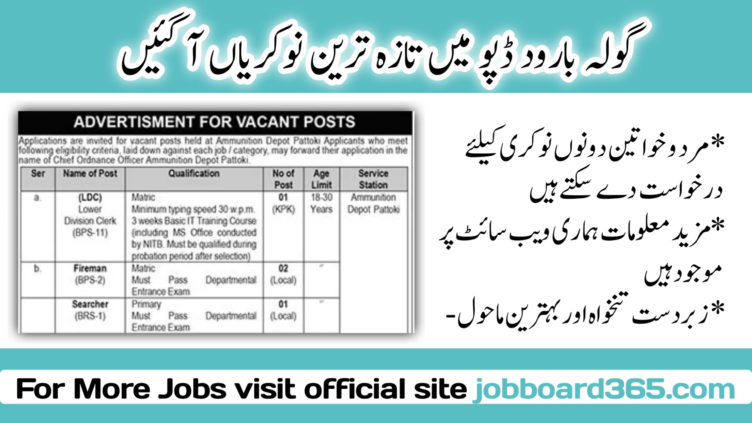 Jobs Available At Ammunition Depot Pattoki 2024 Latest Ammunition Depot Jobs 2024 Pakistan