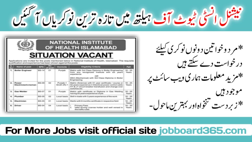 Latest National Institute of Health NIH Islamabad Jobs 2024 NIH Islamabad Technical Staff jobs 2024