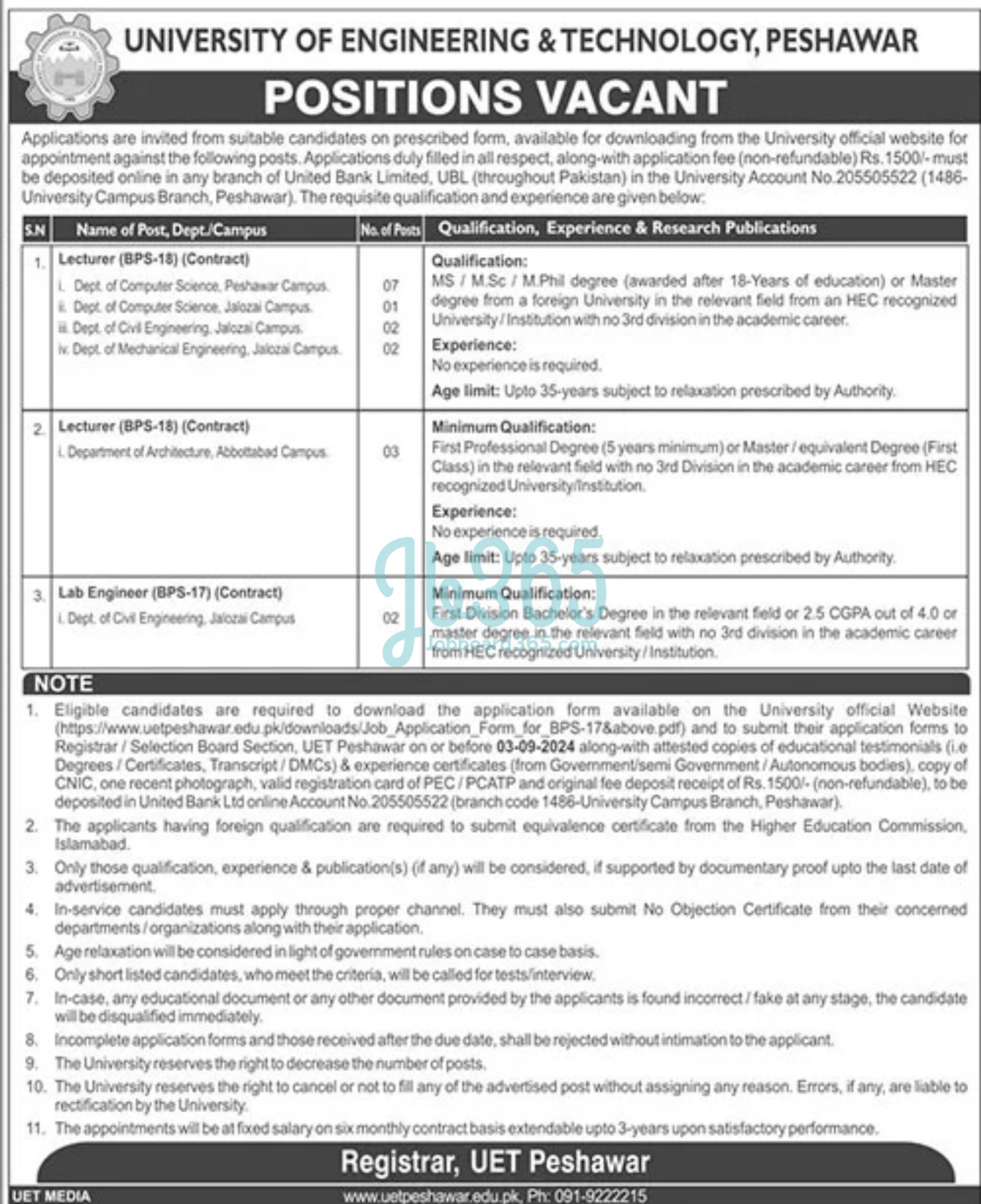 University of Engineering and Technology UET Peshawar Jobs 2024
Jobs Announcement At UET Peshawar 2024