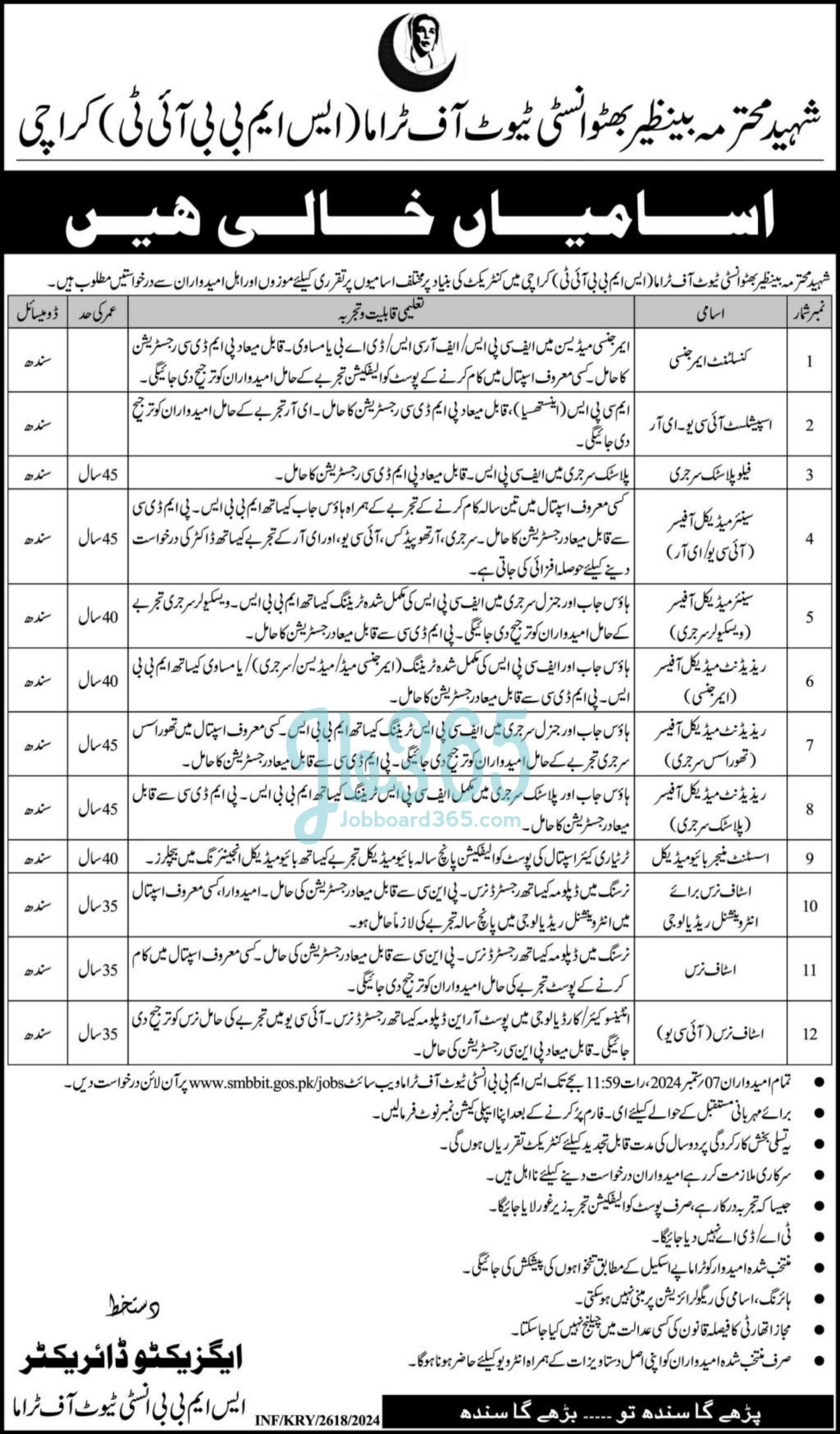 Shaheed Mohtarma Benazir Bhutto Institute of Trauma SMBBIT Jobs 2024
Vacant Positions At Benazir Bhutto Institute Of Trauma