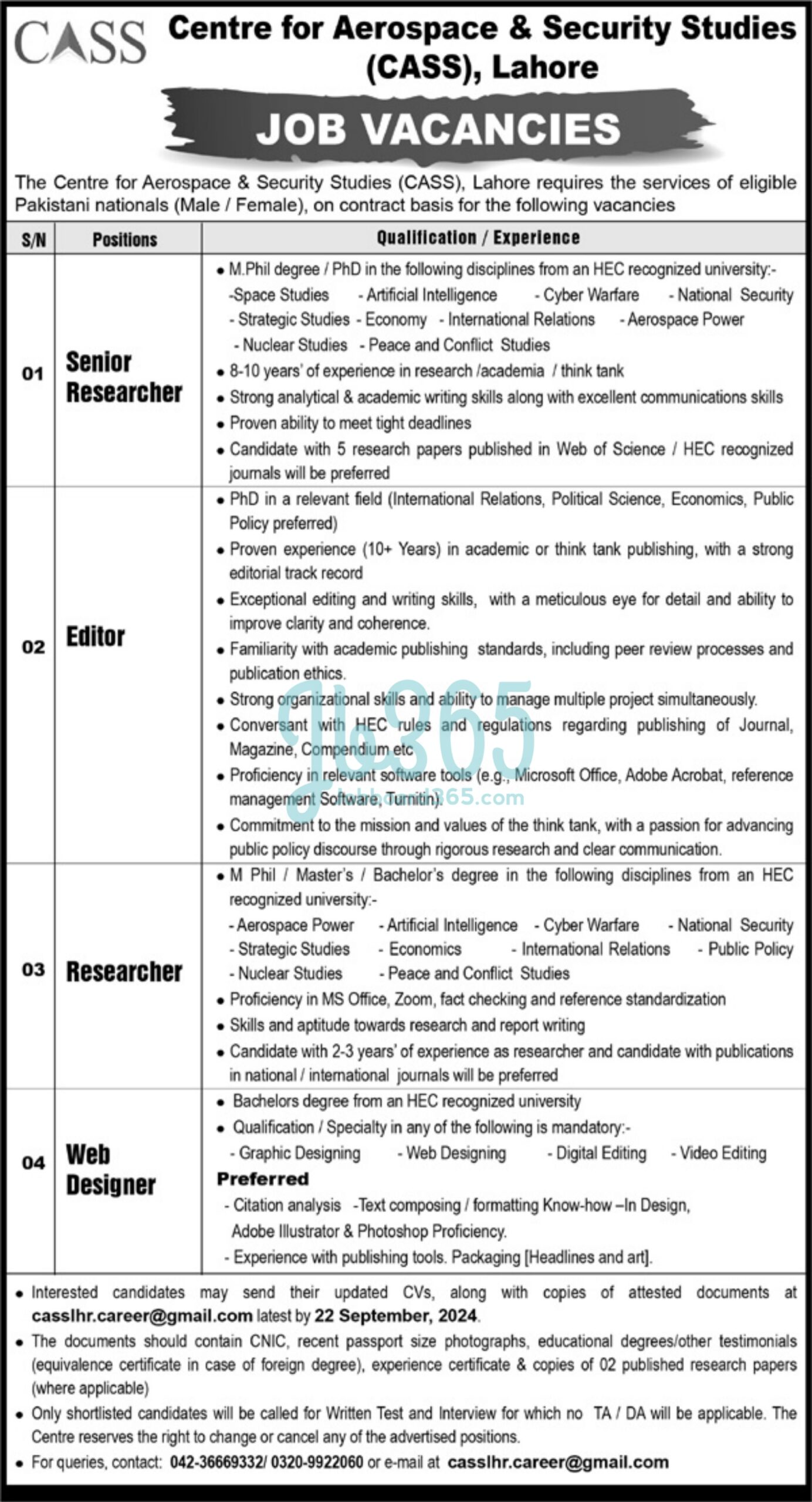 Centre for Aerospace and Security Studies CASS Jobs 2024
Jobs Available At Centre For Aerospace & Security Studies