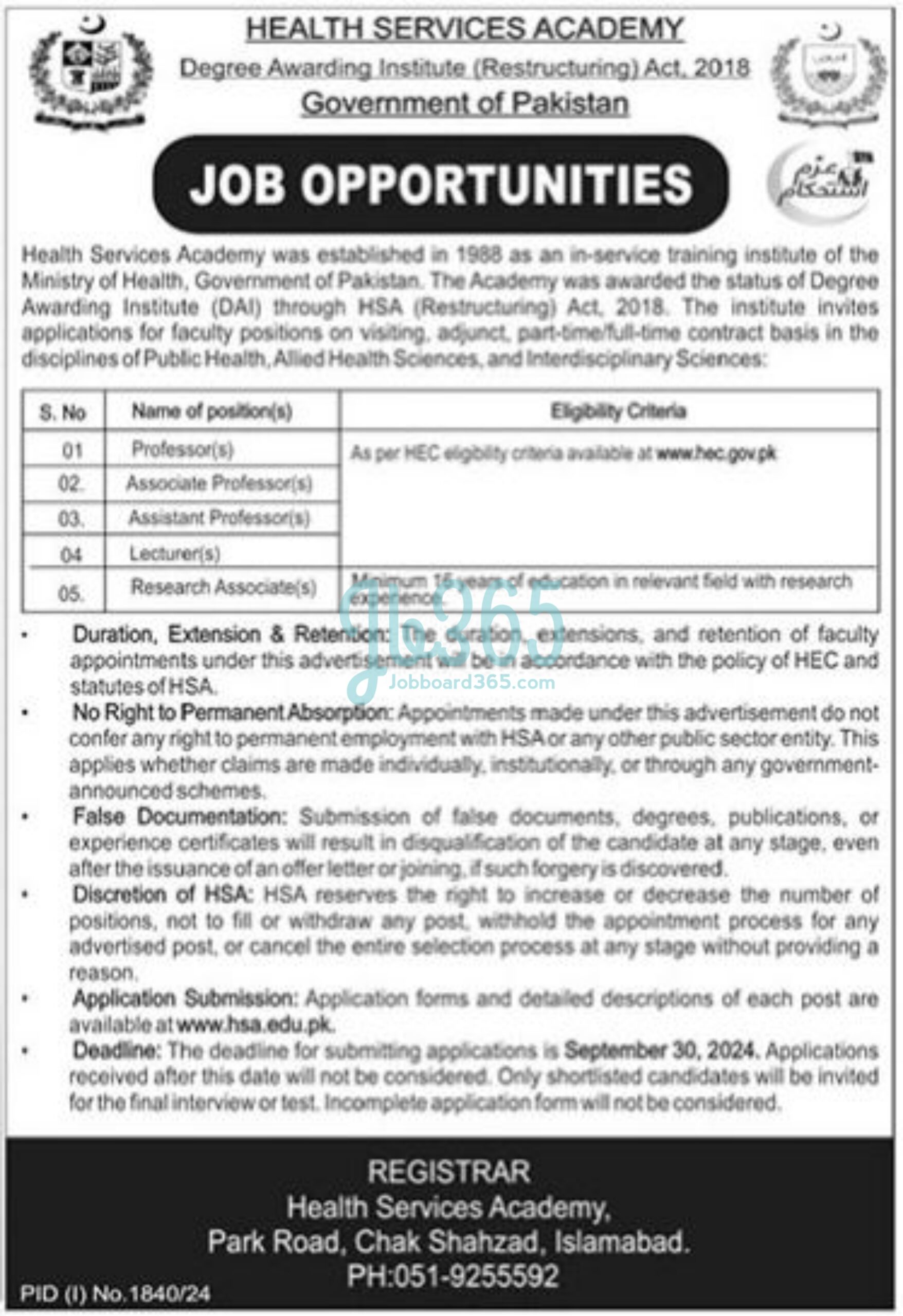 Latest Health Services Academy HSA Islamabad Jobs 2024
Job Opportunities At Health Services Academy HSA